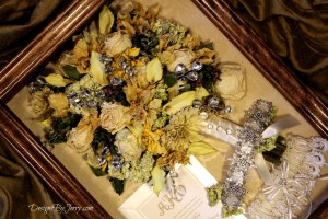 Calla Lilies, hydrangea, dalhias, roses and gardenia make a beautifully preserved bouquet.